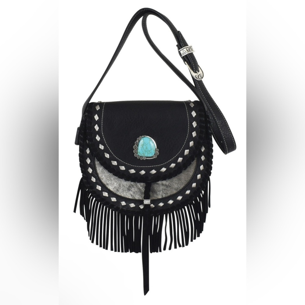 Western Black Fringe Crossbody Bag Turquoise Boho Shoulder Purse NWT - Picture 12 of 12